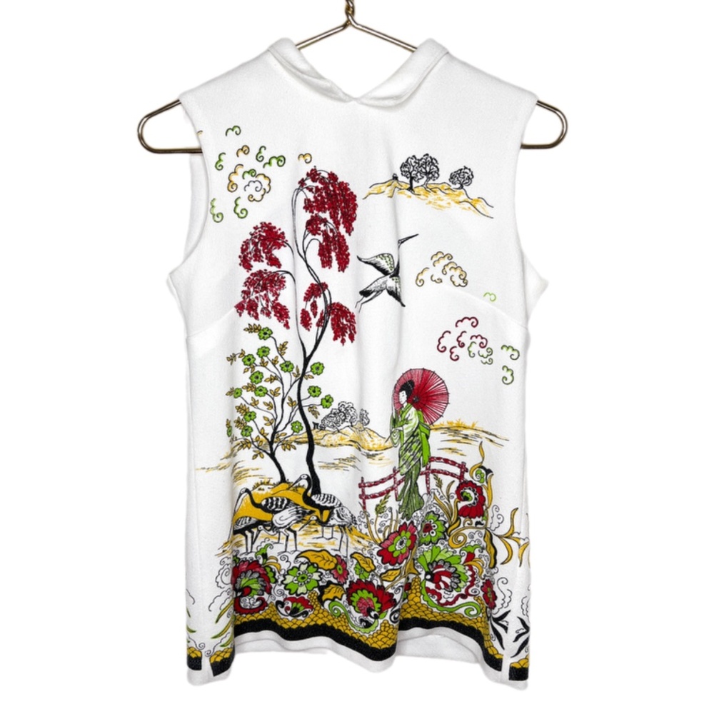 Vintage Sleeveless Asian Print Front Back Tunic Top Blouse Zipper
